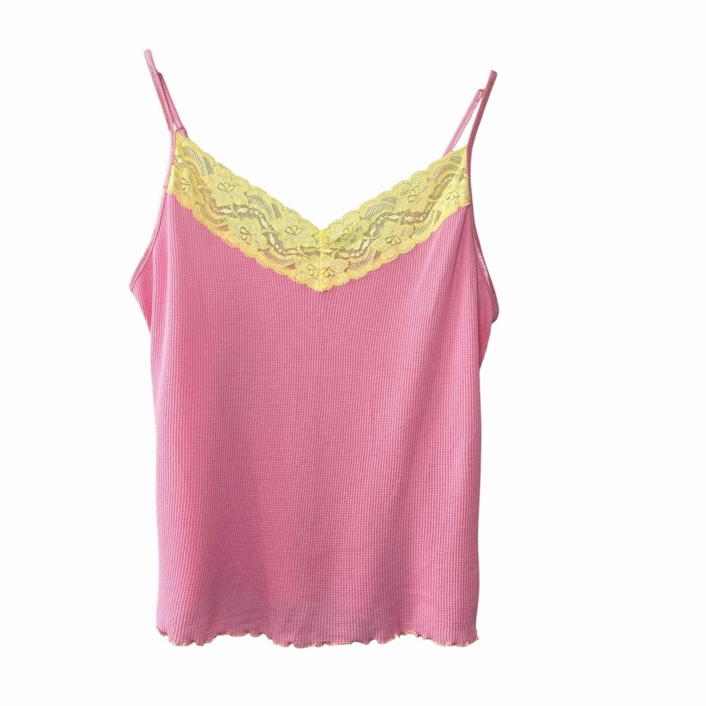 Vintage Y2K GAP Body Pink Waffle Knit‎ Lace Cami Top Medium Coquette - Picture 2 of 11